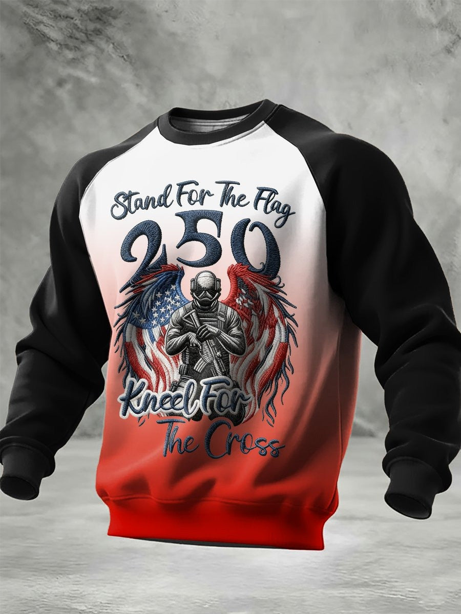 American 250th Anniversary Print Sweatshirt Kneel for The Flag Mens Patriotic Apparel