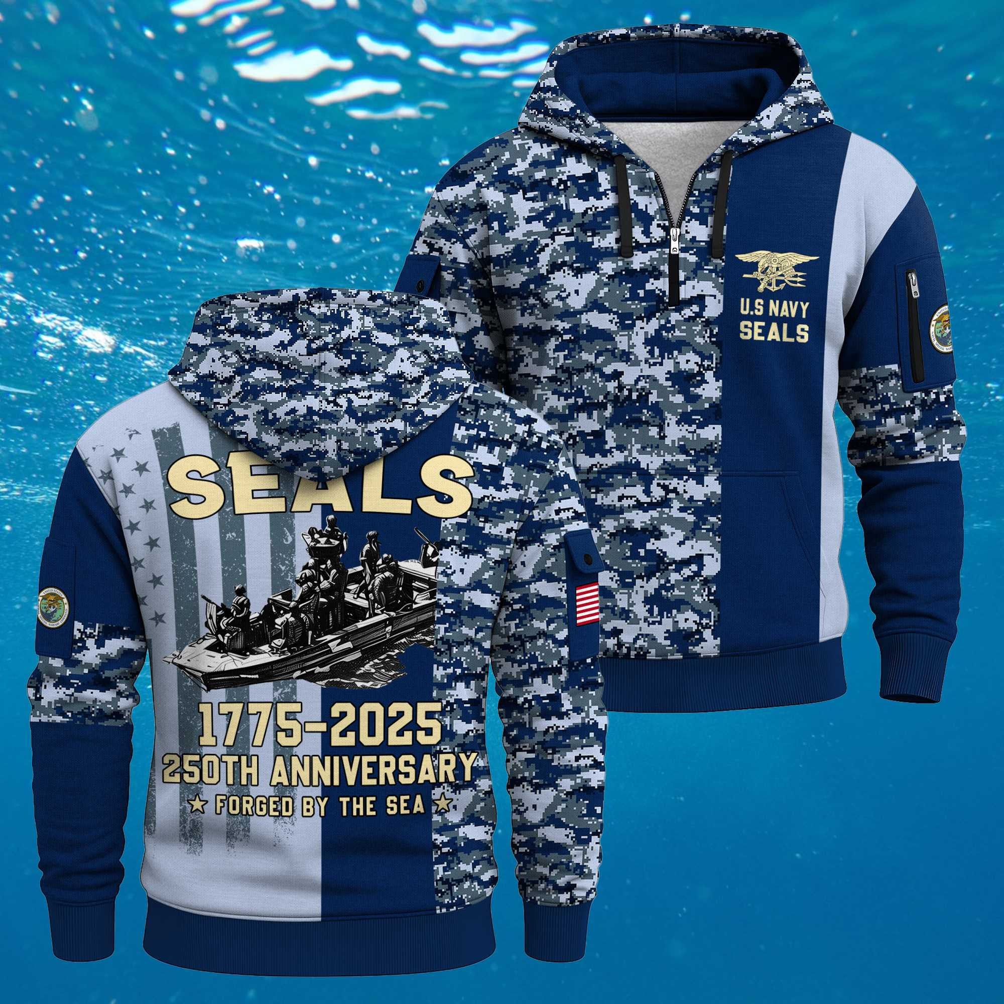 US Navy Naval Special Warfare 250th Years Quarter Zip Hoodie Forged By The Sea Navy Veteran Gift