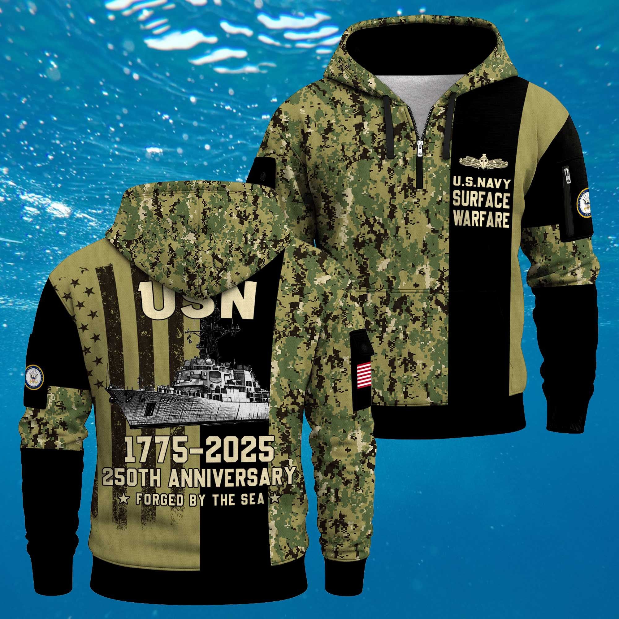 US Navy Surface Warfare 250th Years Quarter Zip Hoodie Patriotic Naval Heritage Camo Gift