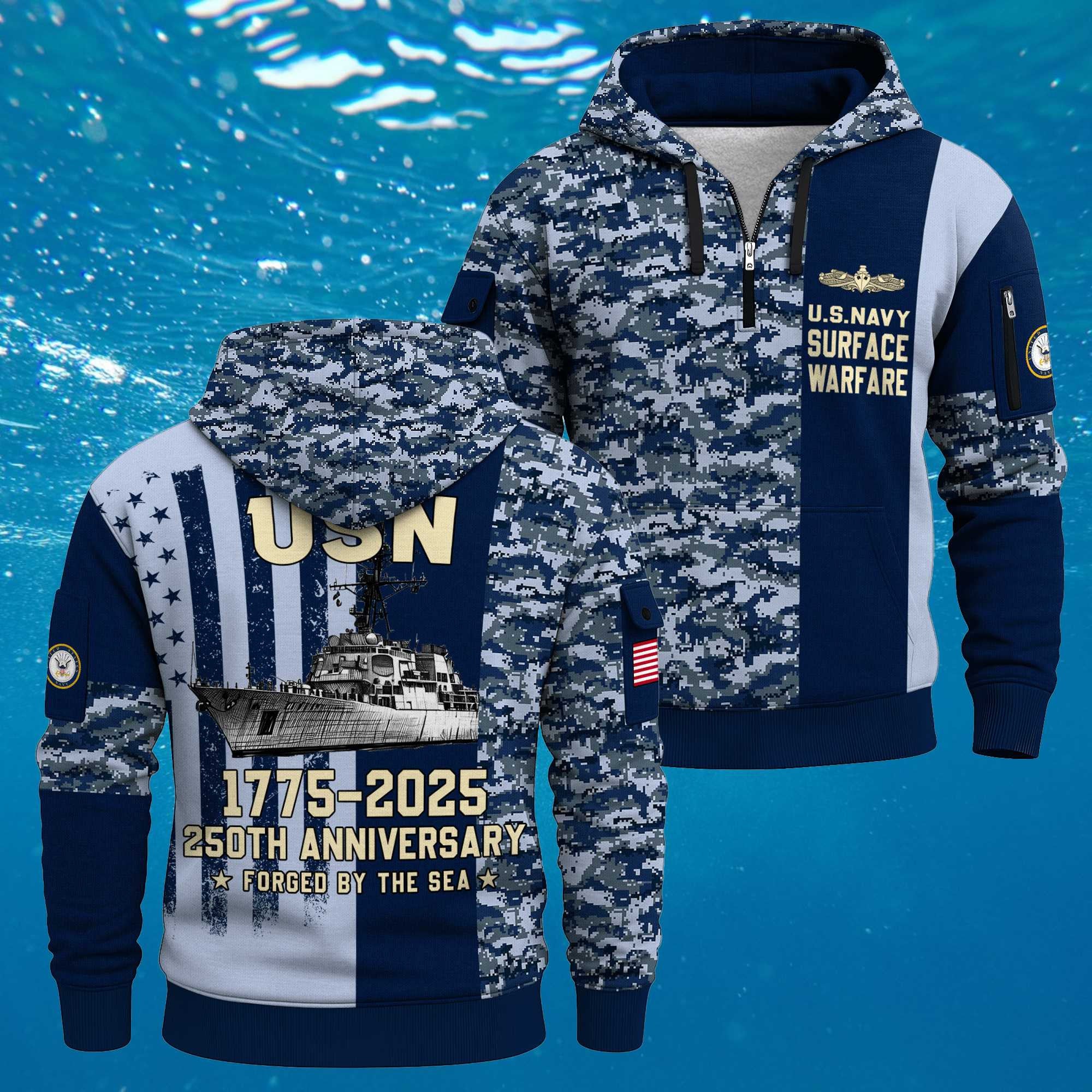 US Navy Surface Warfare 250th Years Quarter Zip Hoodie Patriotic Naval Heritage Camo Gift