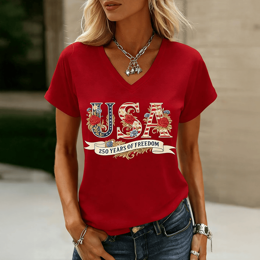 USA 250 Years Of Freedom V-Neck Shirt 4Th Of July Clothes Best Patriotic Gift For Her