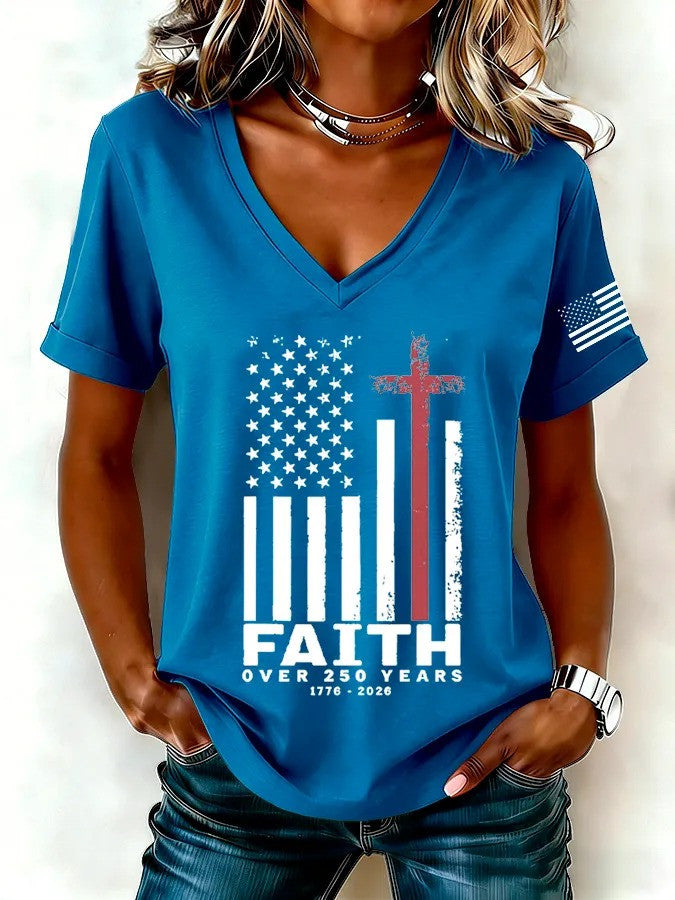 Faith Over 250 Years V-Neck Shirt USA 250th America Birthday Apparel Mom Gift