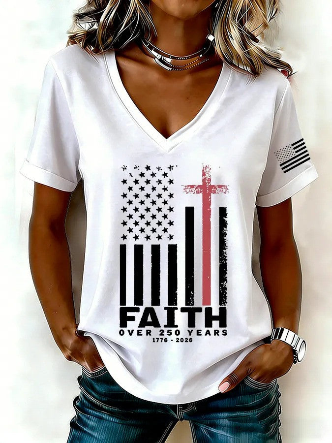 Faith Over 250 Years V-Neck Shirt USA 250th America Birthday Apparel Mom Gift