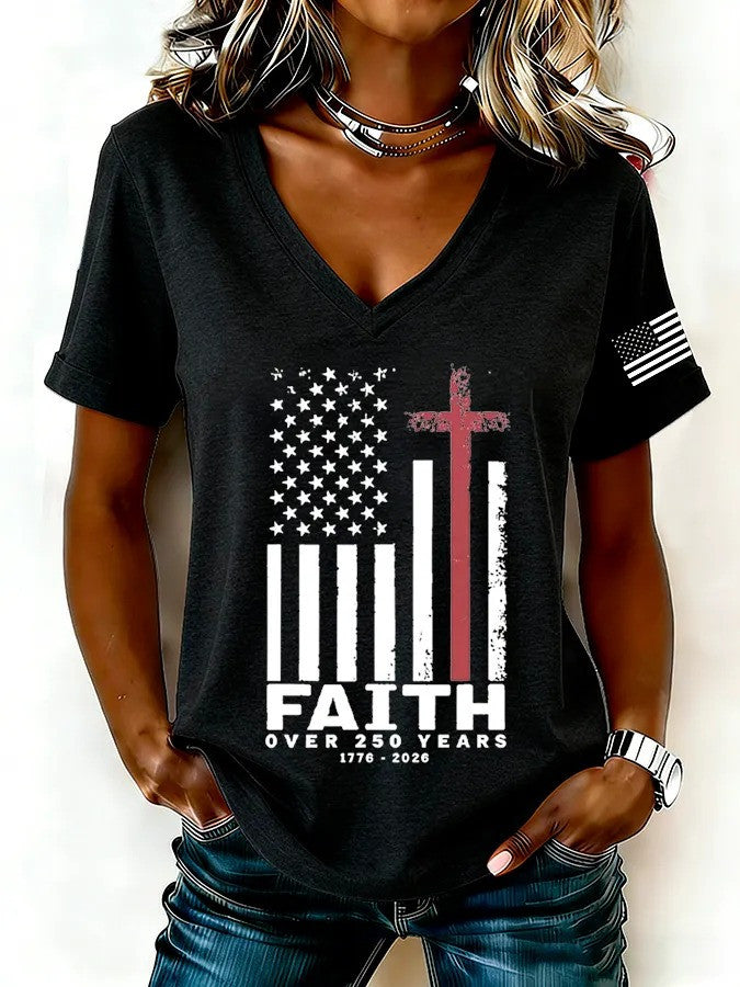 Faith Over 250 Years V-Neck Shirt USA 250th America Birthday Apparel Mom Gift