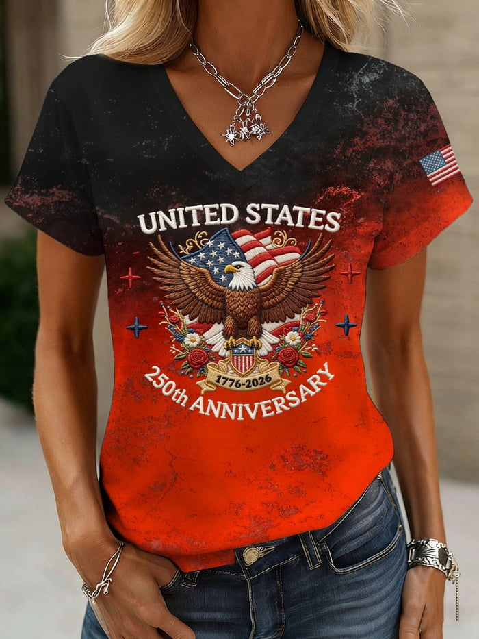 Women's American 250th Anniversary Shirt V-Neck Bald Eagle Print Independence Day Gift