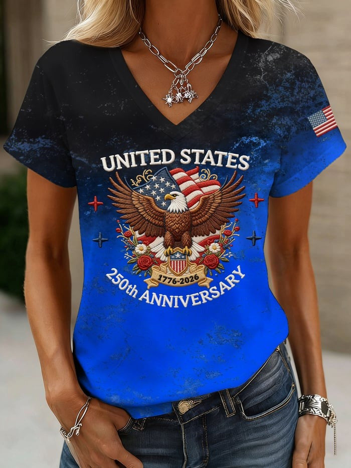 Women's American 250th Anniversary Shirt V-Neck Bald Eagle Print Independence Day Gift