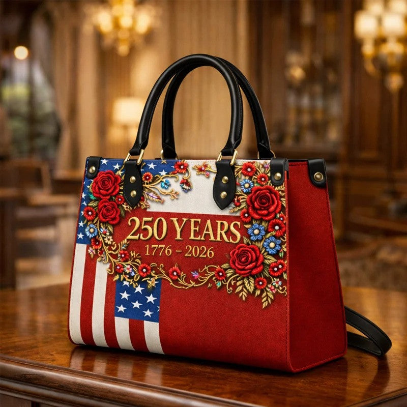 USA 250 Years Anniversary Floral Leather Handbag Patriotic USA Flag Freedom Bag Gift For Her