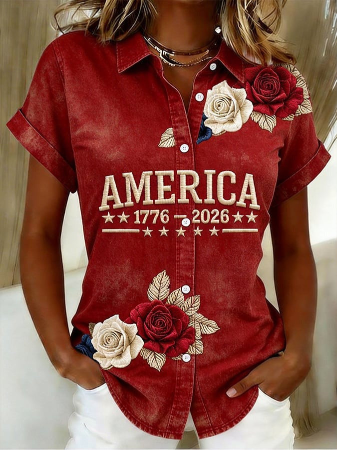America 250th Anniversary Hawaiian Button Shirt Patriotic Floral USA 1776 2026 Gift For Her
