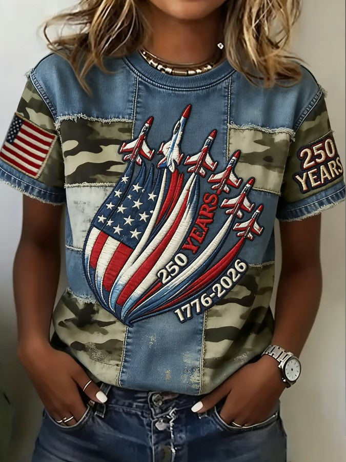 1776 2026 250 Years Camo Denim T-Shirt USA Patriotic Jet Fighter Embroidered Best Gift For Fans