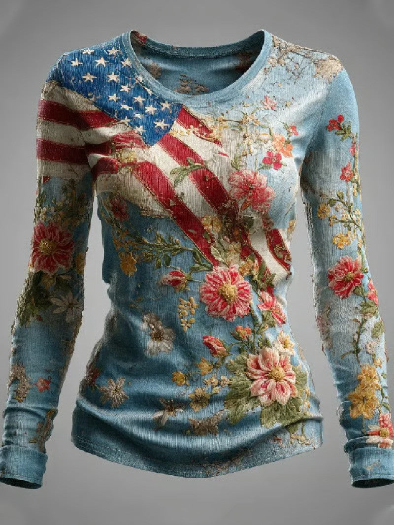 Vintage Patriotic Wildflower Floral American Flag Long Sleeve Shirt 250th Anniversary Gift For Her