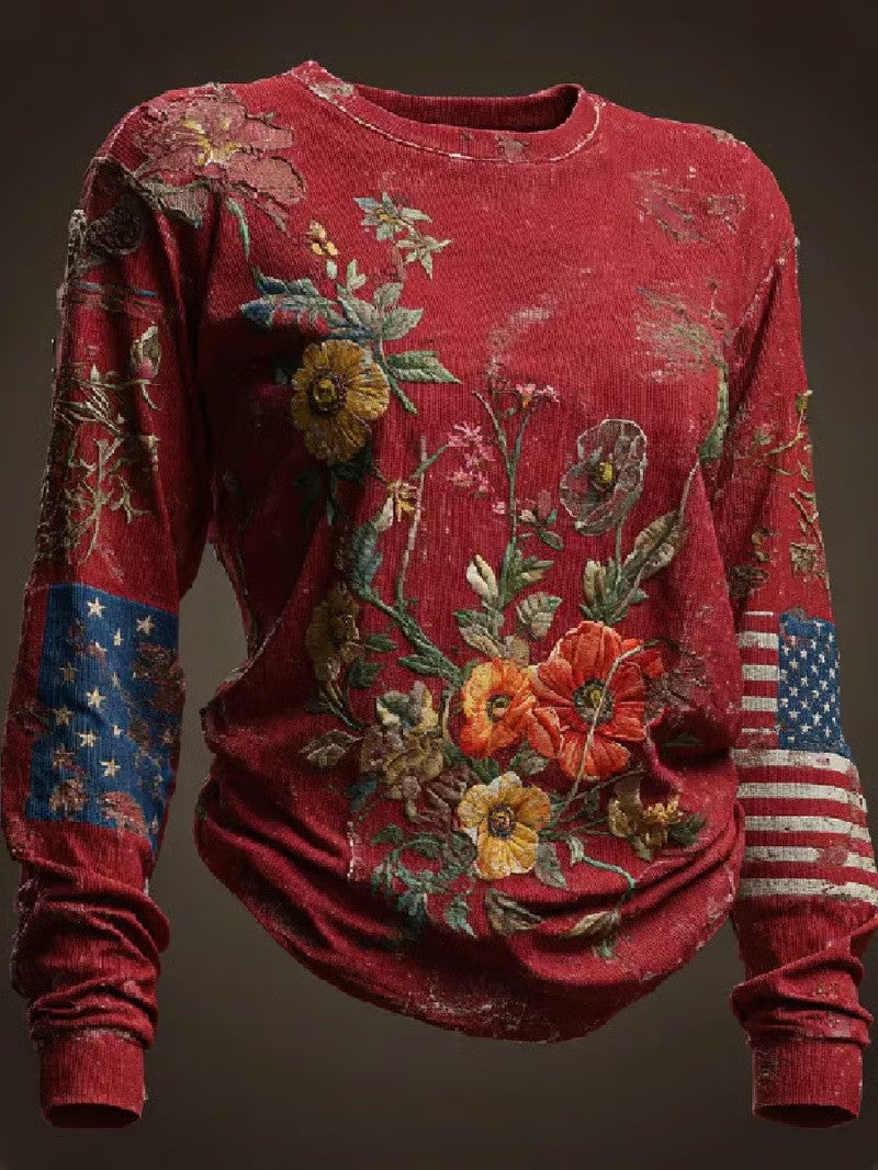 Patriotic Vintage Wildflower Floral American Long Sleeve Shirt 250th Anniversary 1776 2026 Gift For Her