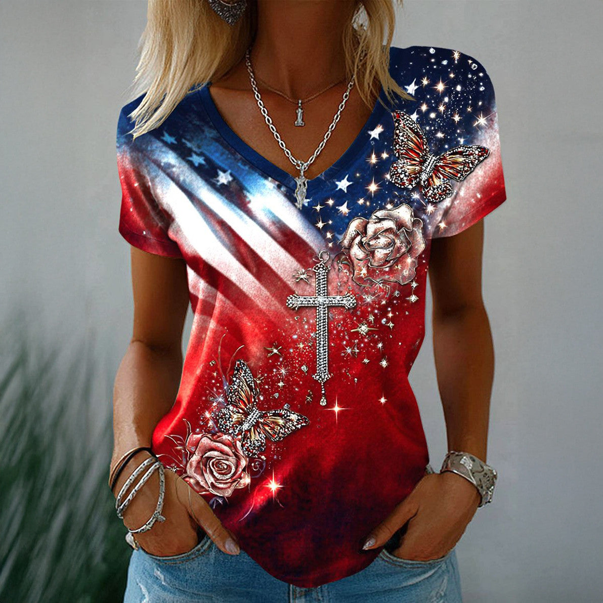Vintage Faith American Founding 250th Anniversary V-Neck Shirt America's Birthday Shirt Gift For Her