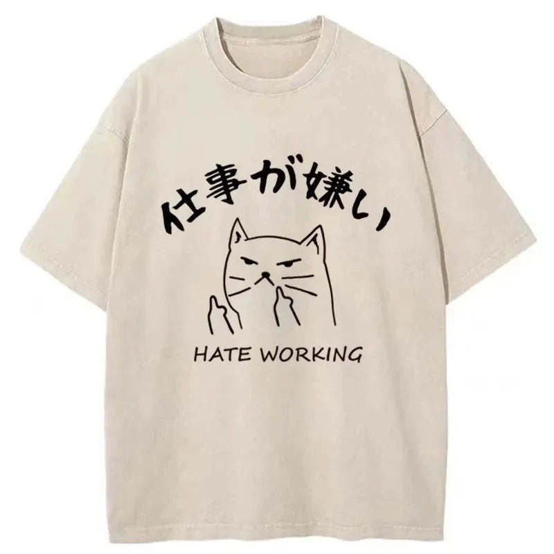 A Cat That Hates Work Washed T-Shirt Cool Graphic Tee For Men Women Gifts For Her - Gypsysystersgift