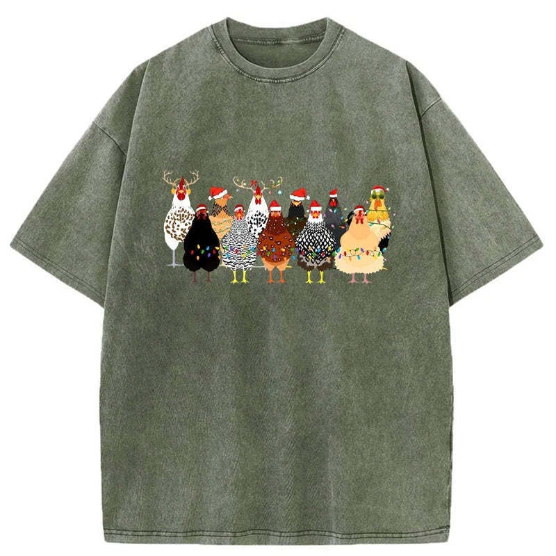 A Flock Of Christmas Chickens Washed T-Shirt Everyday Comfort Graphic Shirt Gifts For Her - Gypsysystersgift