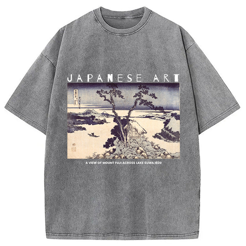 A View of Mount Fuji Across Lake Suwa Washed T-Shirt Casual Vintage Everyday Look Gifts For Her - Gypsysystersgift