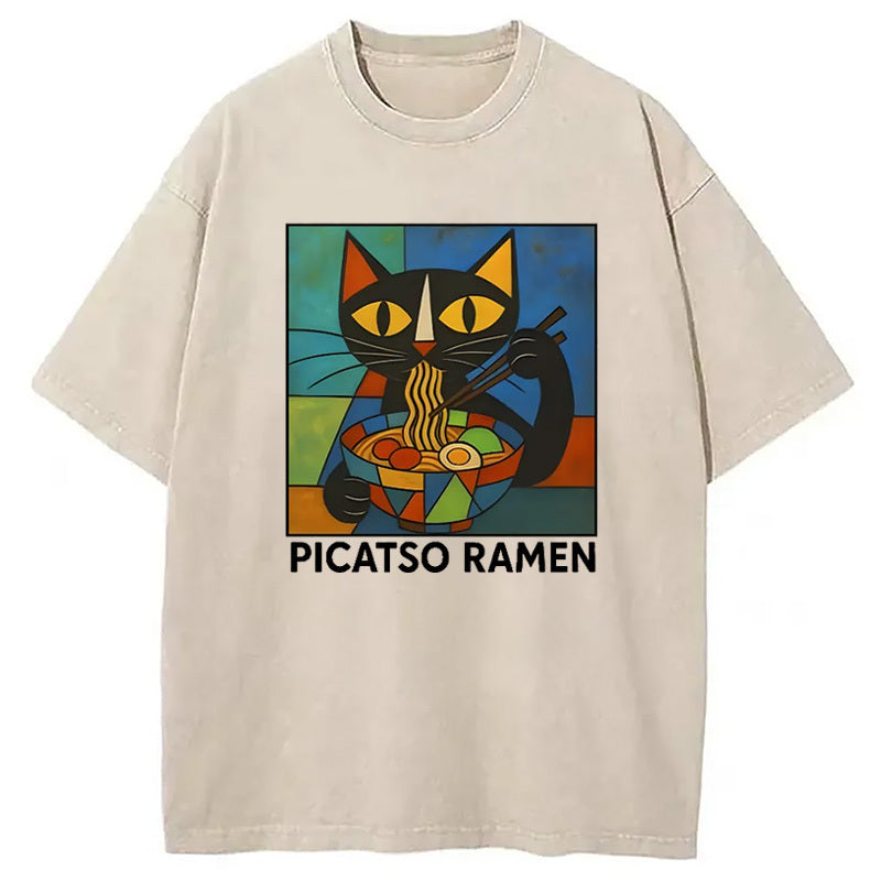 Abstract Cat Eating Ramen Washed T-Shirt Retro Humor Outfit Idea Gifts For Him - Gypsysystersgift