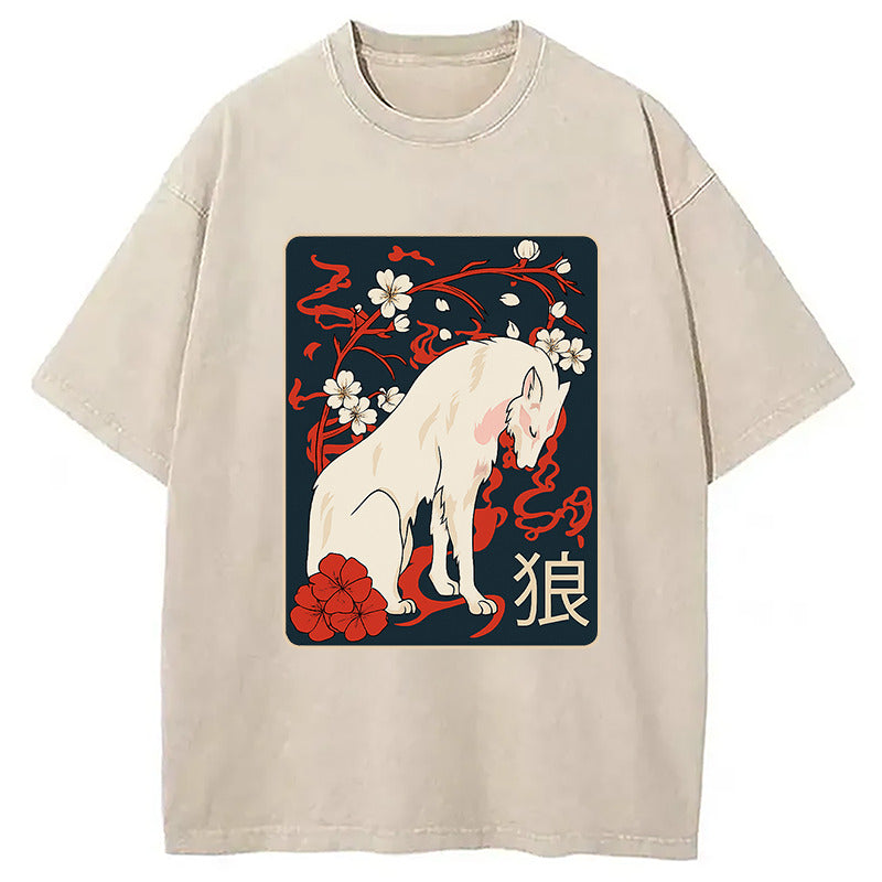 Ancient Japanese Wolf Art Washed T-Shirt Casual Oversized Outfit Style Gifts For Him - Gypsysystersgift