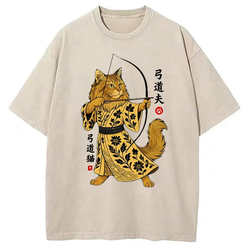Archery Cat Vintage Washed T-Shirt Classic Graphic Fashion Tee Gifts For Him - Gypsysystersgift