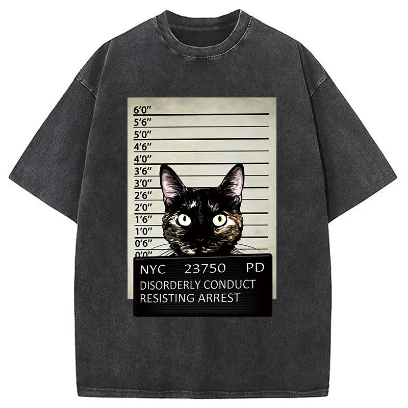 Arrested Black Cat Washed T-Shirt Retro Humor Graphic Top Gifts For Her - Gypsysystersgift