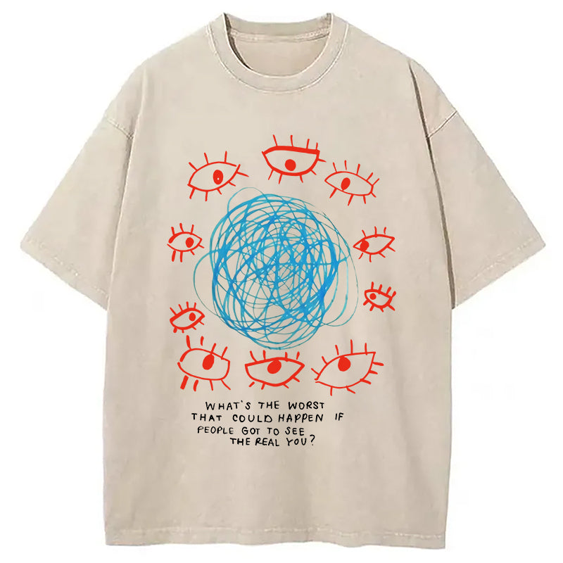 Artistic Geometric Eyes Washed T-Shirt Trendy Aesthetic Graphic Apparel Gifts For Him - Gypsysystersgift