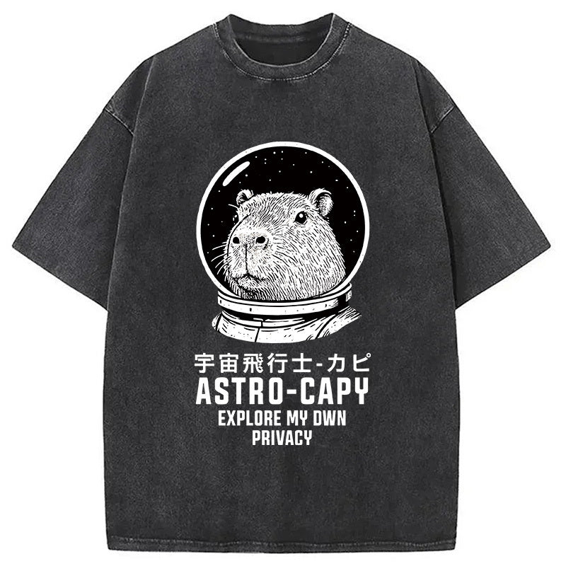 Astronaut Capybara Washed T-Shirt Cool Urban Street Style Shirt Gifts For Him - Gypsysystersgift