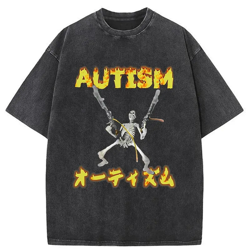 Autism Funny Skeleton Washed T-Shirt Retro Humor Graphic Top Gifts For Him - Gypsysystersgift