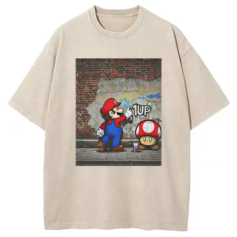 Banksy Mario 1UP Washed T-Shirt Minimal Retro Graphic Clothing Gifts For Her - Gypsysystersgift