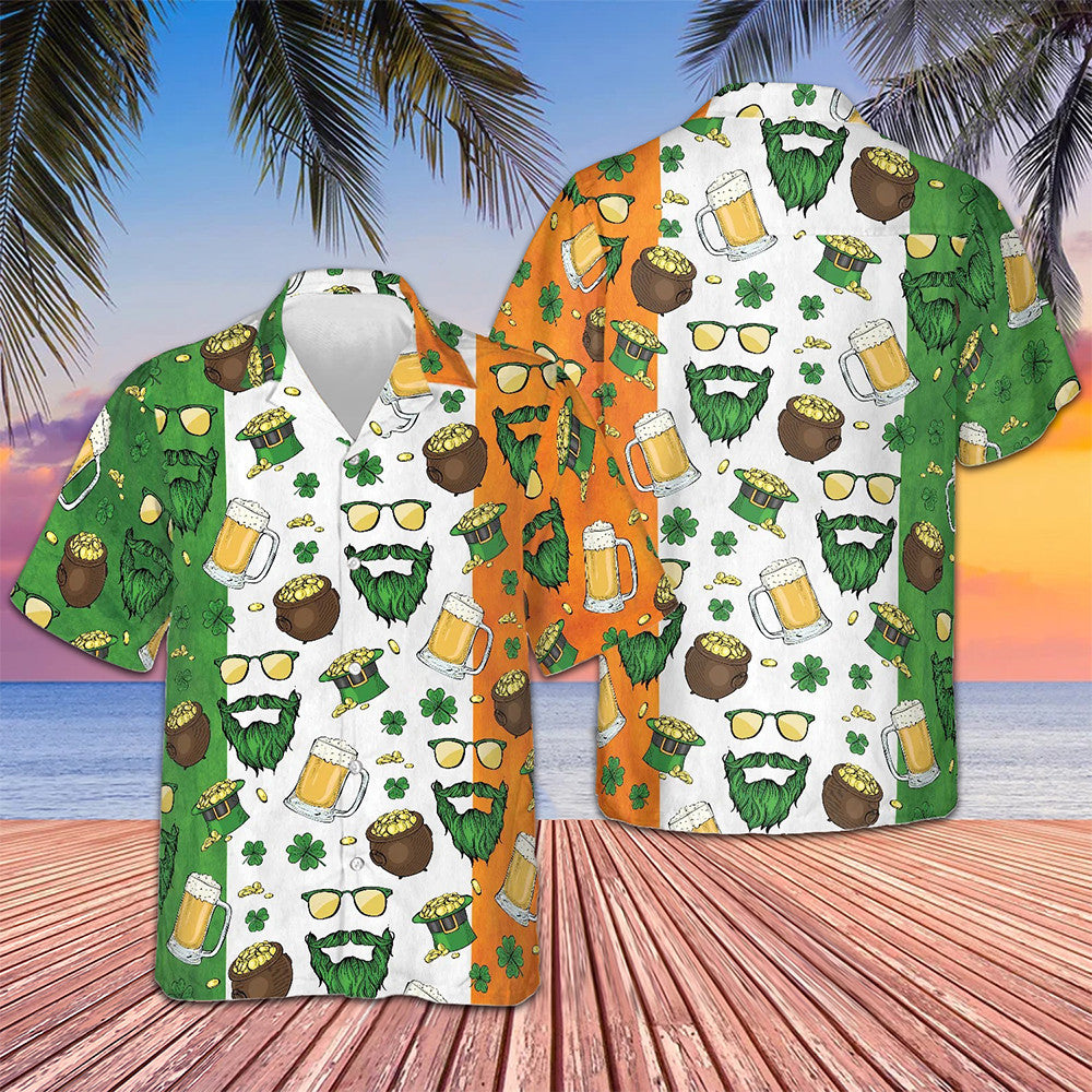 Beard Saint Patrick's Day Seamless Pattern Hawaiian Shirt For Irish Button Up Shirt Men's - Famerry