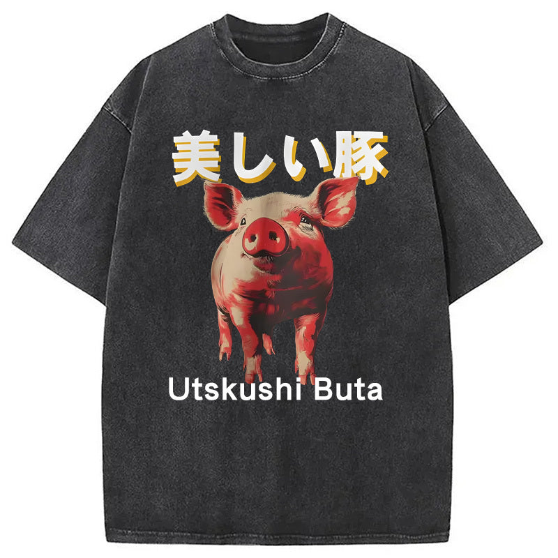 Beautiful Pig Japanese Washed T-Shirt Trendy Everyday Casual Outfit Gifts For Him - Gypsysystersgift