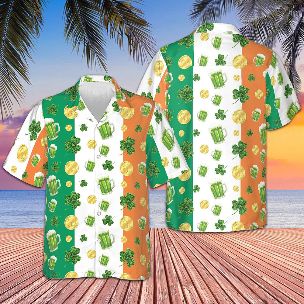 Beer Shamrock And Coin St Patrick's Day Hawaiian Shirt Button Up Shirt Gifts For Irish - Famerry