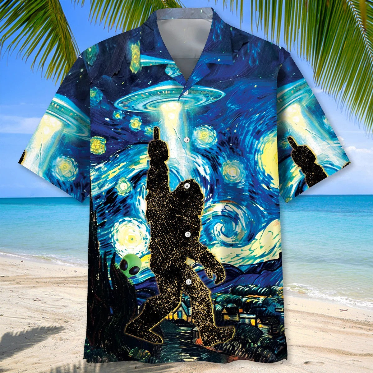 Bigfoot Alien Stalk Hawaiian Shirt Sasquatch UFO Button Up Shirt Gifts Ideas For Him - Famerry