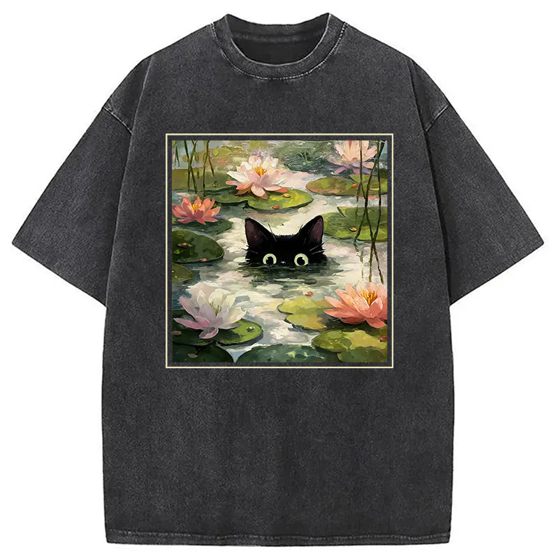 Black Cat and Lotus Flower Washed T-Shirt Cool Urban Street Style Shirt Gifts For Him - Gypsysystersgift