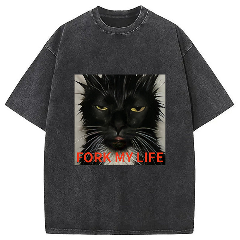 Black Cat Fork My Life Washed T-Shirt Retro Streetwear Graphic Top Gifts For Him - Gypsysystersgift