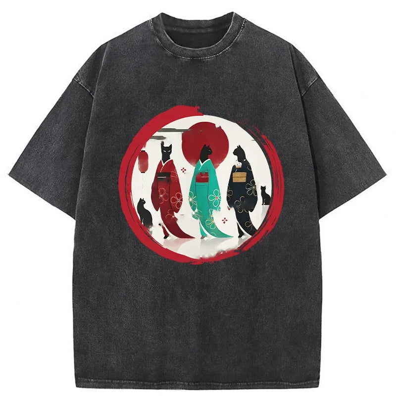 Black Cat Geisha Washed T-Shirt Minimal Retro Graphic Clothing Gifts For Brother - Gypsysystersgift