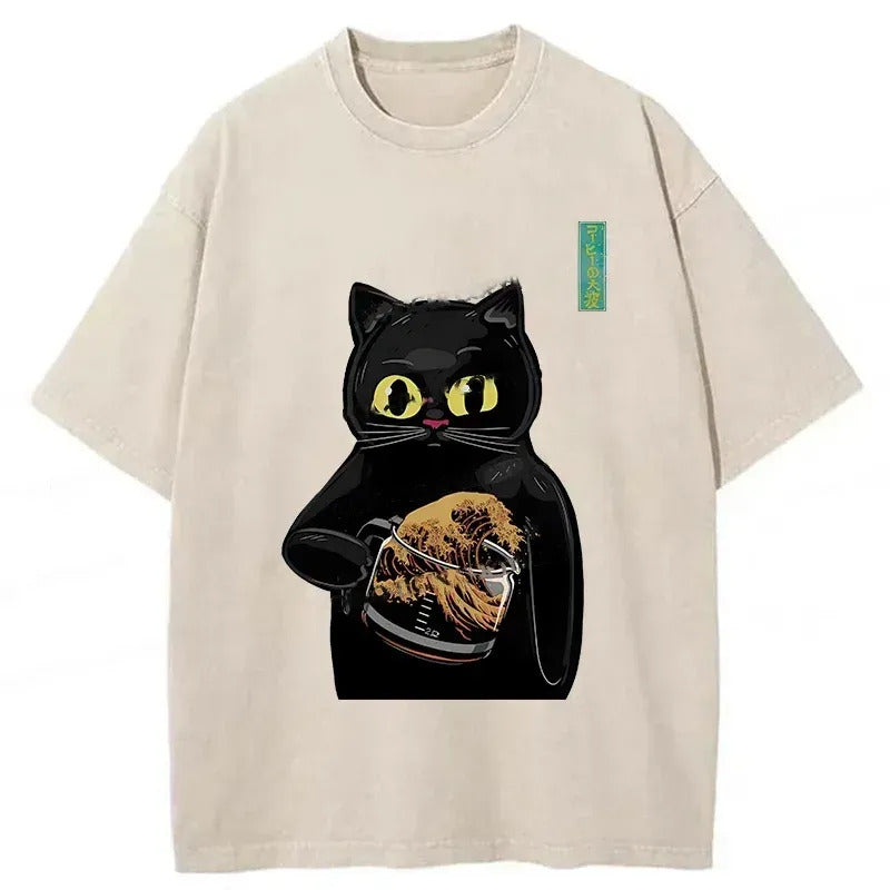 Black Cat Holding Coffee Washed T-Shirt Classic Graphic Fashion Tee Gifts For Her - Gypsysystersgift
