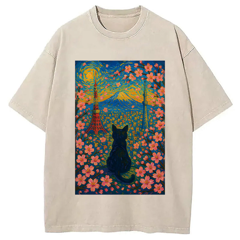 Black Cat in Tokyo City Washed T-Shirt Funny Quote Unisex Shirt Gifts For Her - Gypsysystersgift