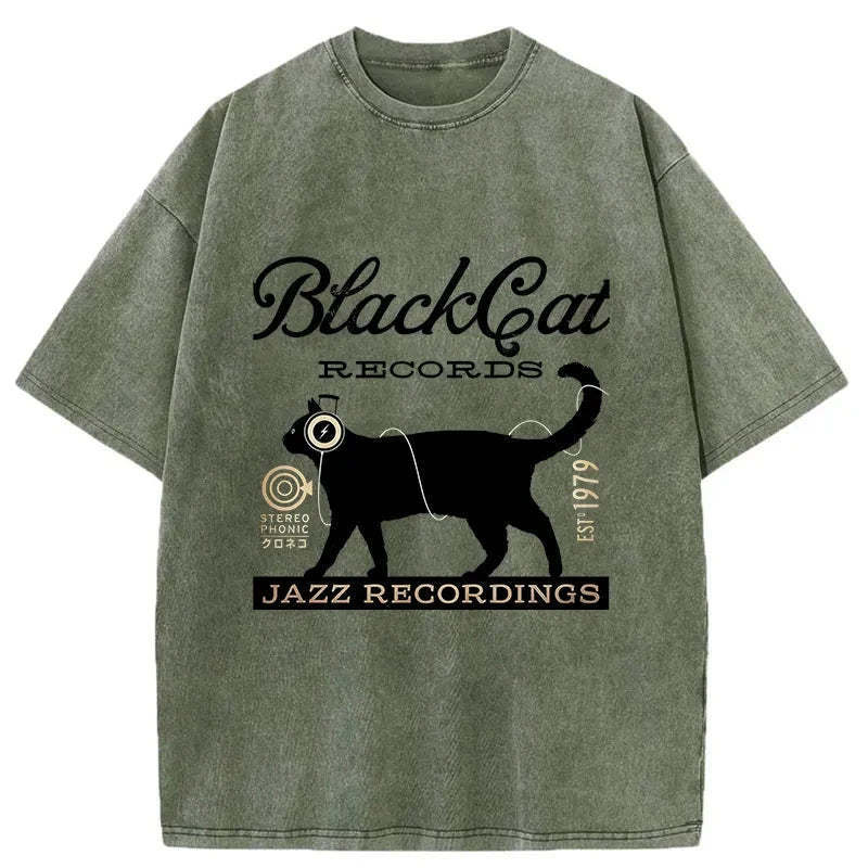 Black Cat Japan Washed T-Shirt Cool Urban Street Style Shirt Gifts For Her - Gypsysystersgift