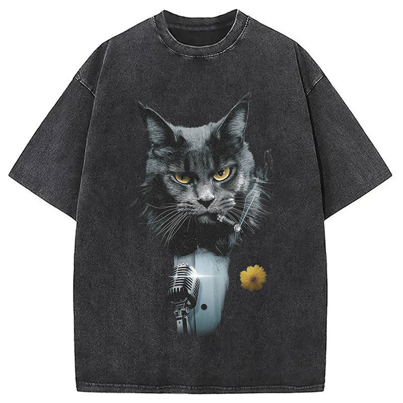 Black Cat Smoking Washed T-Shirt Cool Graphic Tee For Men Women Gifts For Her - Gypsysystersgift