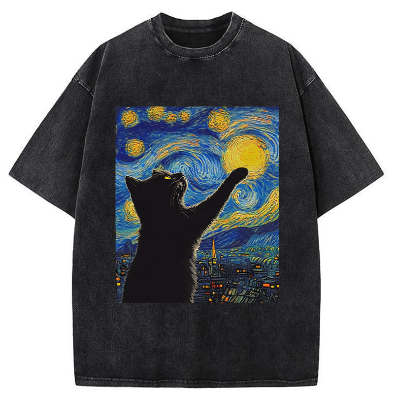 Black Cat Touch The Moon Washed T-Shirt Funny Graphic Gift For Friends Gifts For Her - Gypsysystersgift