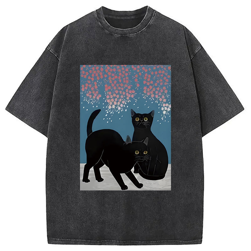 Black Cat Under The Sakura Washed T-Shirt Cool Graphic Tee For Men Women Gifts For Friends - Gypsysystersgift