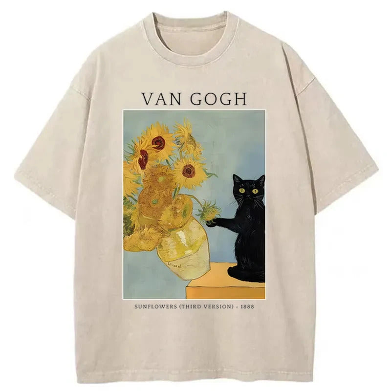 Black Cat With Sunflowers Washed T-Shirt Trendy Everyday Casual Outfit Gifts For Her - Gypsysystersgift