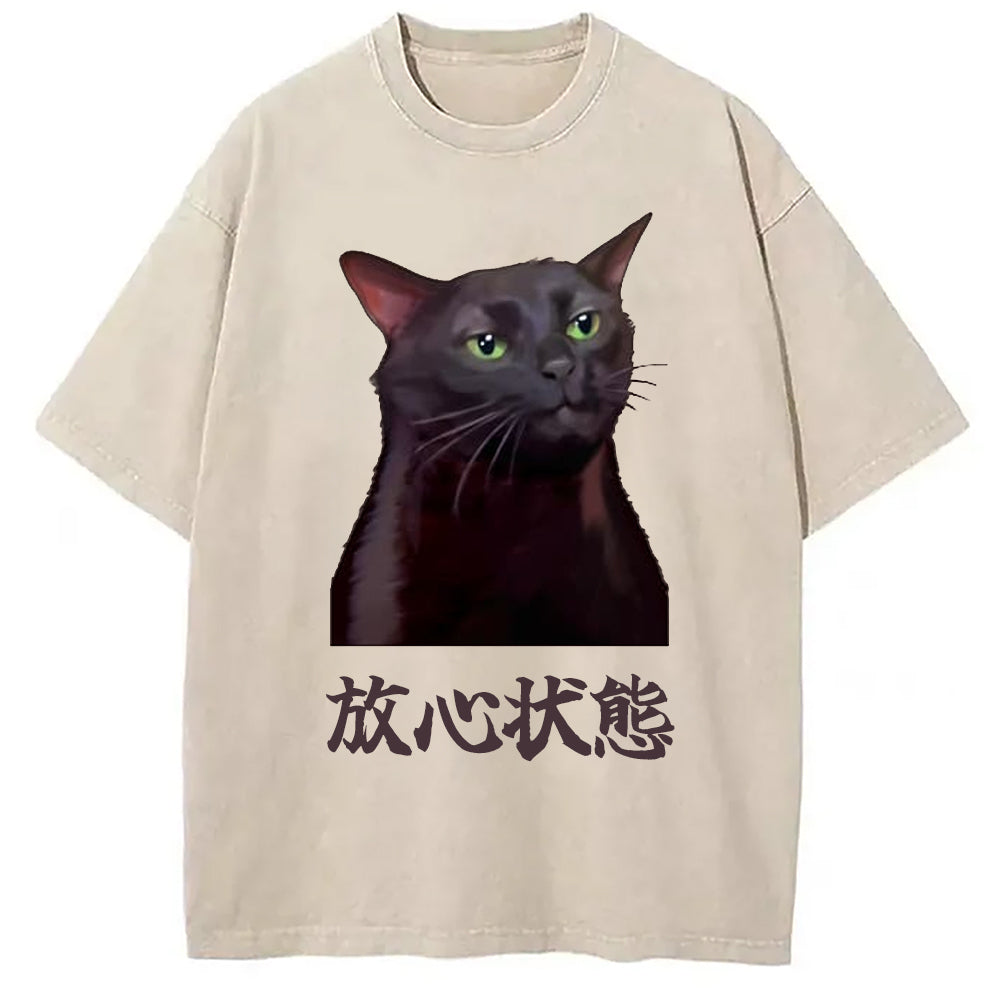 Black Cat Zoning Out Meme Washed T-Shirt Retro Streetwear Graphic Top Gifts For Her - Gypsysystersgift