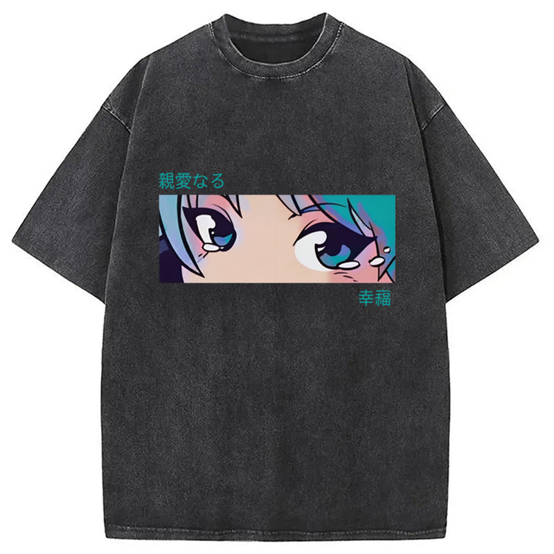 Blue Anime Girl Eyes Washed T-Shirt Trendy Everyday Casual Outfit Gifts For Him - Gypsysystersgift