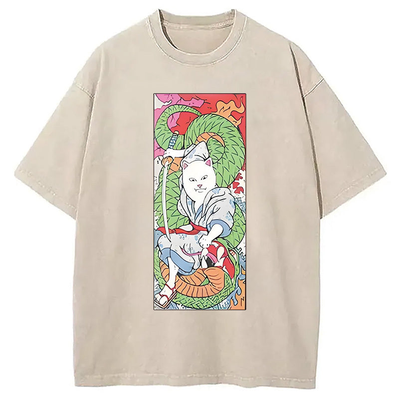 Blue Bragon Middle Finger Cat Ukiyo-e Washed T-Shirt Trendy Aesthetic Graphic Apparel Gifts For Him - Gypsysystersgift
