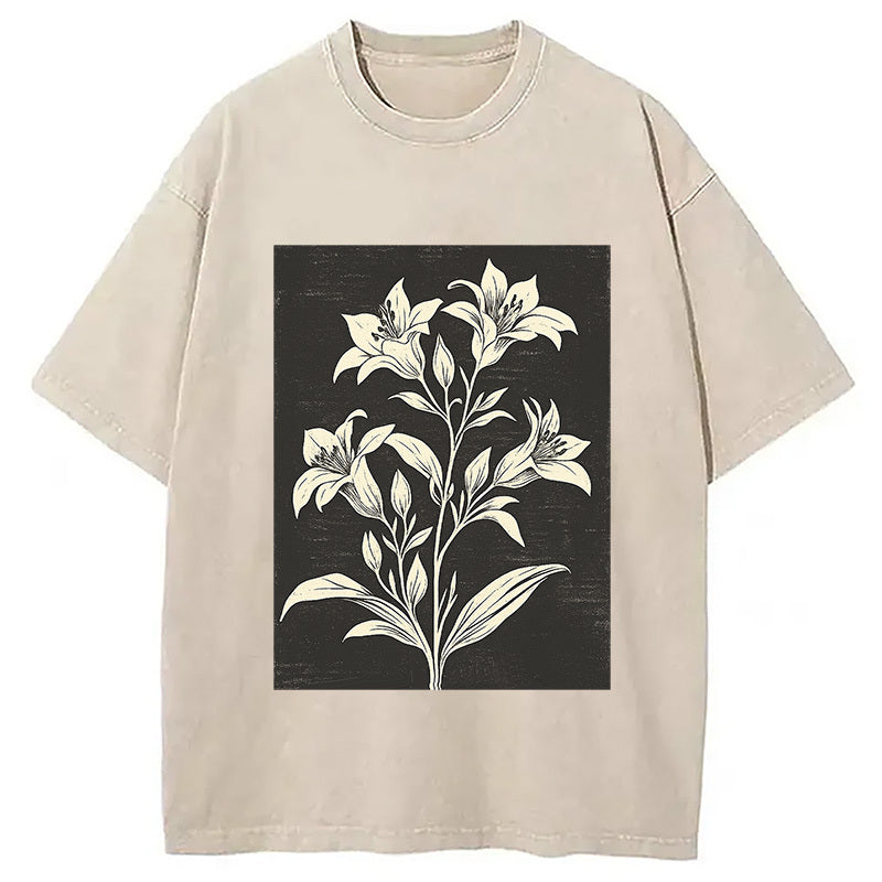 Botanical Woodcut Wildflower Washed T-Shirt Unique Aesthetic Fashion Tee Gifts For Him - Gypsysystersgift