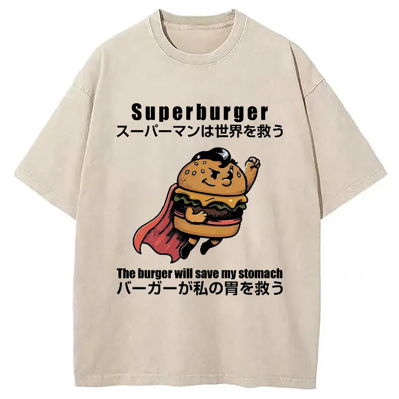 Burger Save The World Washed T-Shirt Retro Streetwear Graphic Top Gifts For Best Friend - Gypsysystersgift