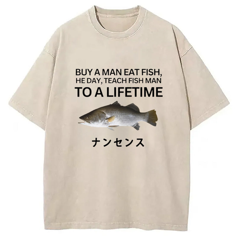 Buy a Man Eat Fish Washed T-Shirt Retro Streetwear Graphic Top Gifts For Her - Gypsysystersgift