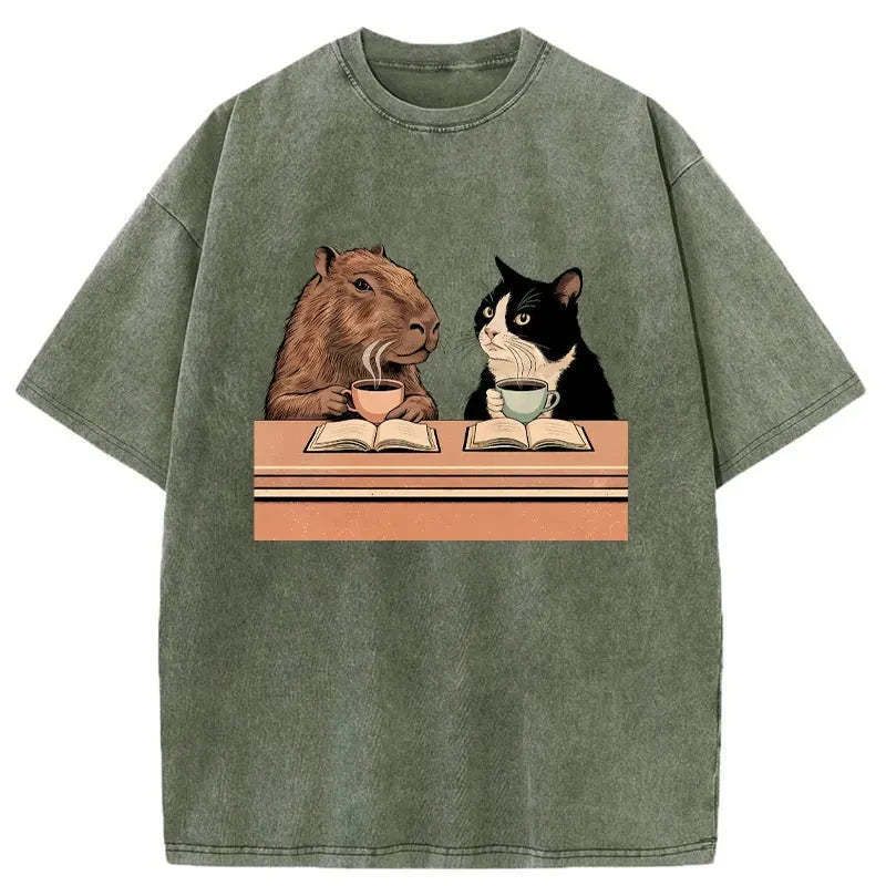 Capybara And Cat Talk Washed T-Shirt Soft Cotton Daily Wear Tee Gifts For Her - Gypsysystersgift