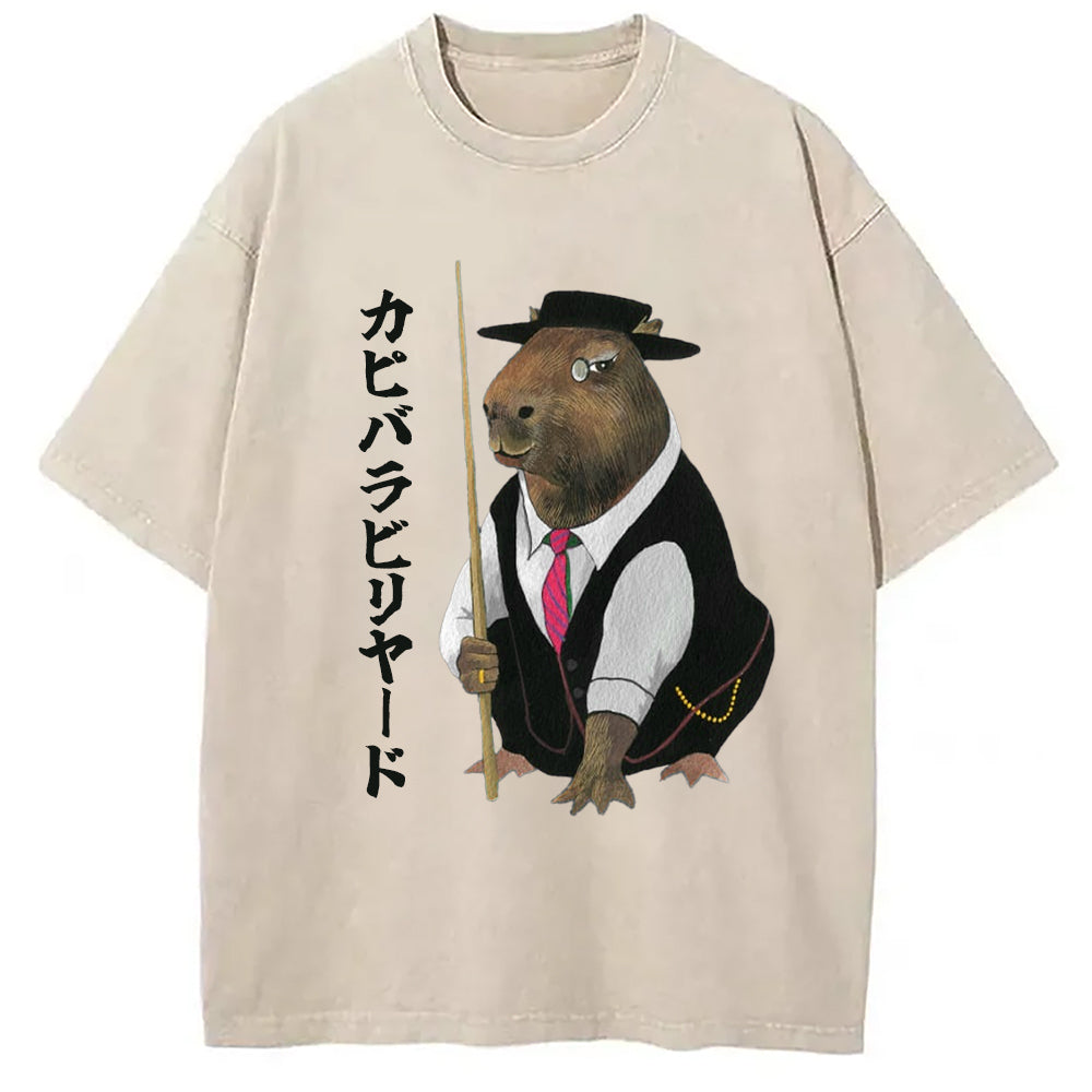 Capybara Billiards Player Washed T-Shirt Cool Urban Street Style Shirt Gifts For BFF - Gypsysystersgift