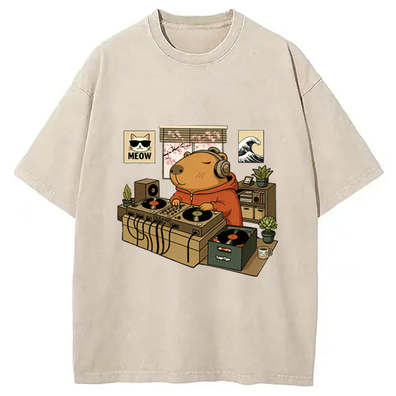 Capybara DJ Washed T-Shirt Trendy Aesthetic Graphic Apparel Gifts For Her - Gypsysystersgift